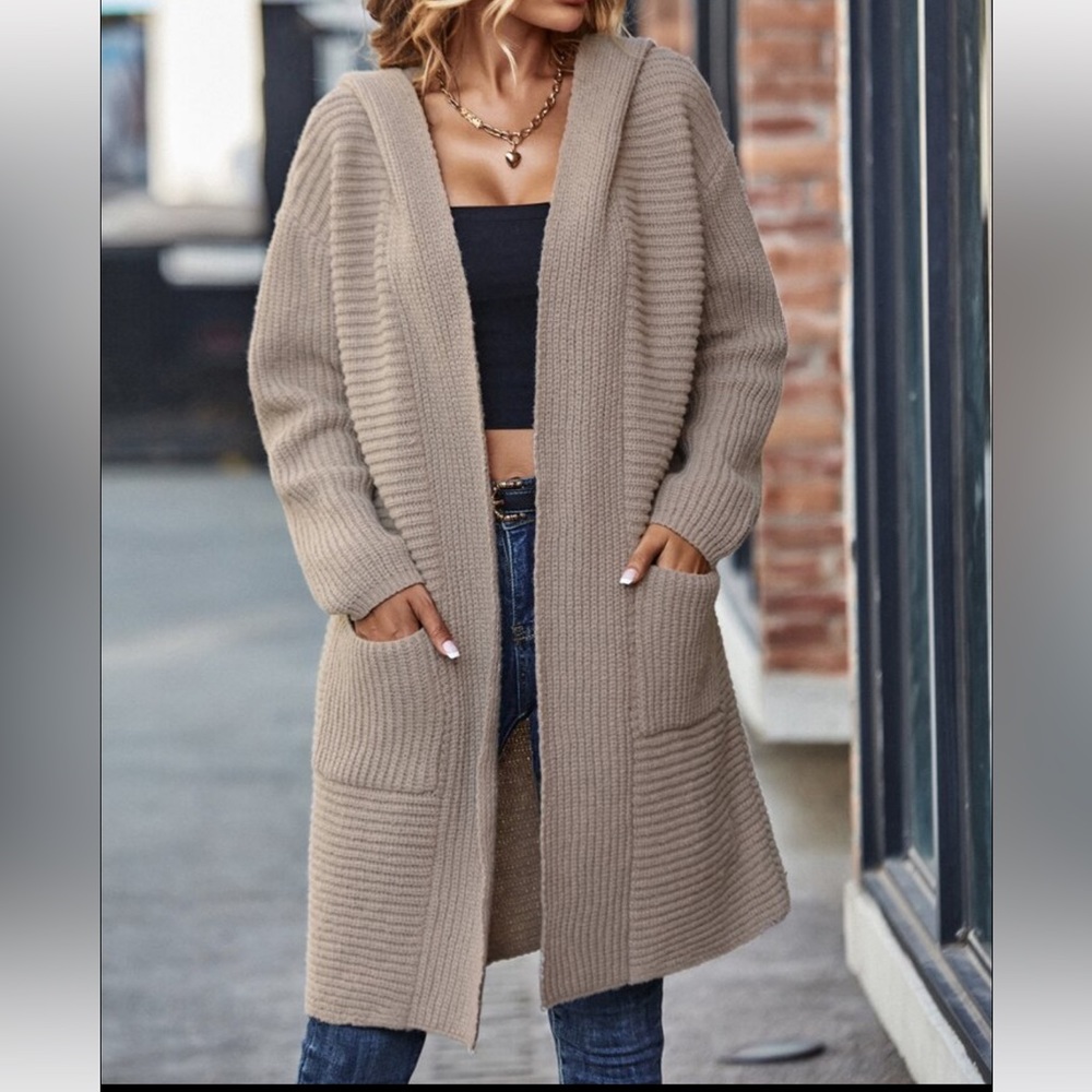 SHEIN Taupe Long Ribbed Open-Front Cardigan